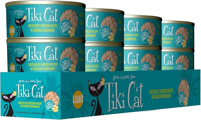 Tiki Cat Luau Shredded Meat, Succulent Chicken Recipe in Chicken Consumme, Grain-Free Balanced Nutrition Wet Canned Cat Food, For All Life Stages, 2.8 oz. Can (12 Count)