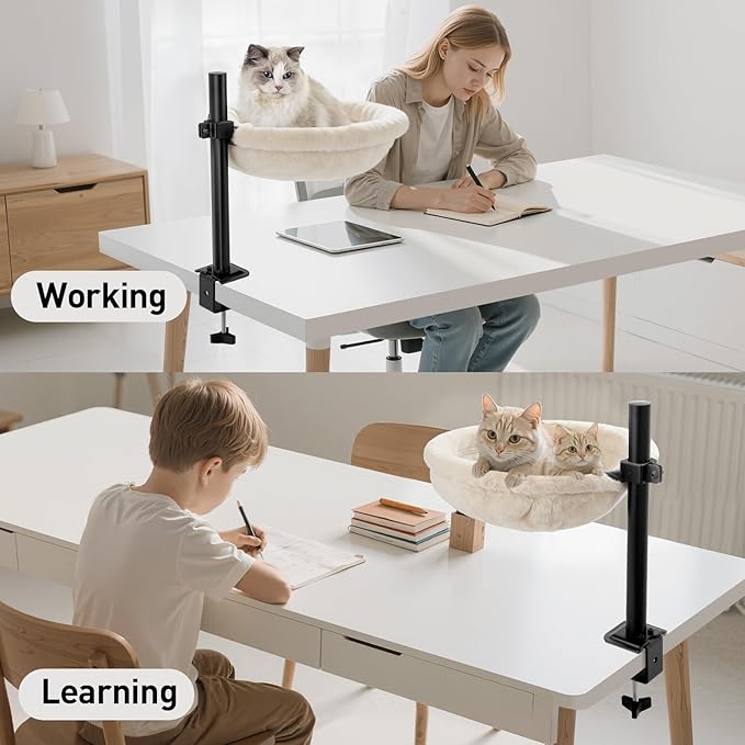 Cat Desk Bed, 360° Swivel Adjustable Height Cat Bed, Space-Saving Heavy Duty Steel Clamp-On Various Desktops, Soft Rabbit Faux Fur with Dual-Sided Reversible Mat, Cats Desk Hammock for Large & Kitten