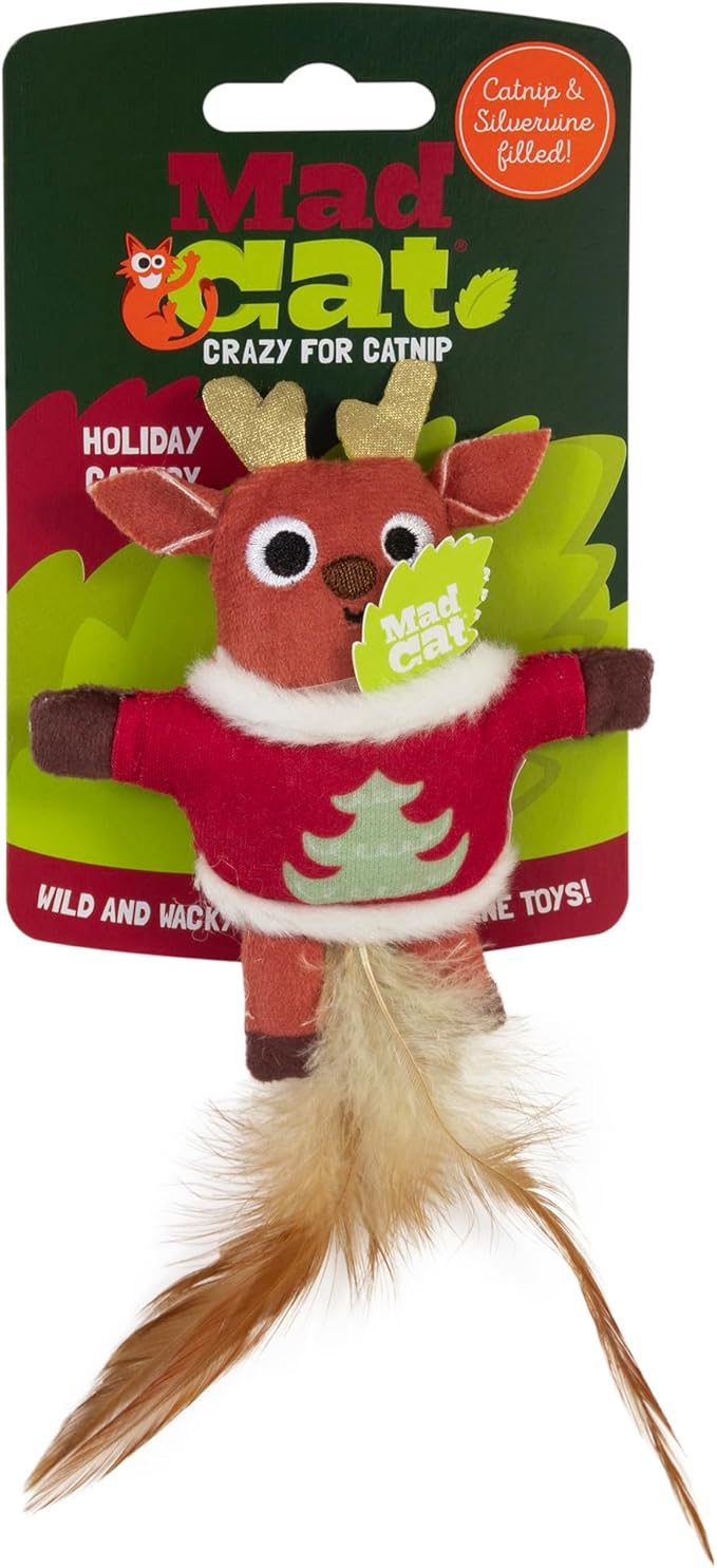 Mad Cat Ugly Sweater Stuffer Reindeer Catnip Soft Refillable Plush Cat Toy with Fun Sounds, Pack of 1