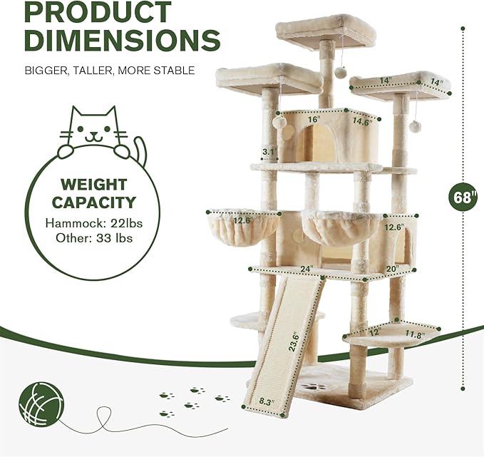IMUsee 68 Inches Multi-Level Large Cat Tree for Large Kitties/Big Cat Tower with Condo/Cozy Plush Perches/Sisal Scratching Posts and Hammocks/ ‌Feline Activity Center Play House/Beige