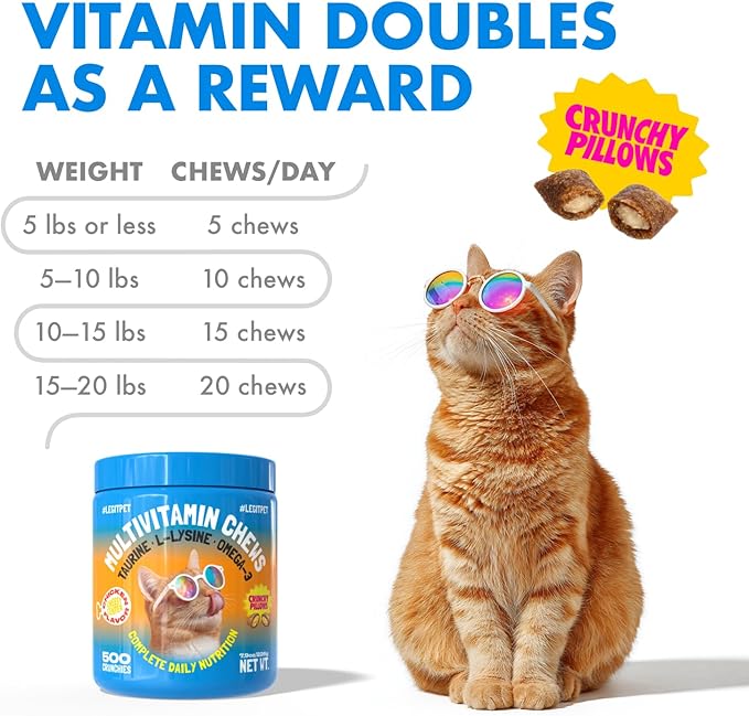 LEGITPET Cat Multivitamin Crunchy Treats – Daily Vitamins for Cats with Taurine, Omega 3 & L-Lysine – Immune, Skin & Coat, Heart & Brain Support – Chicken Flavor, 500 Crunchy Pillows