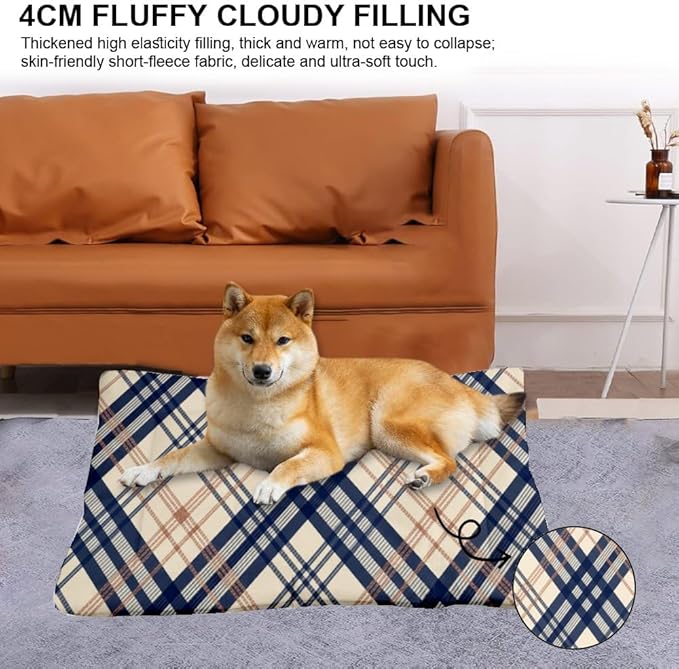 Cream Blue Plaid Mat for Dogs Non Slip Bottom Washable Dog Crate Mat Cozy Soft Bedside Dog Bed Room Essentials Printed Big Beds Gift Portable Pet Bed 24× 18 Inch Indoor Outdoor