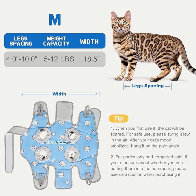 Supet Cat Grooming Hammock Harness for Nail Trimming, Cat Grooming Hanging Sling for Nail Clipping, Pet Restraint Holder for Cutting Nails, Medicine, Ear & Teeth Cleaning, Eye Care (BlueCat M)