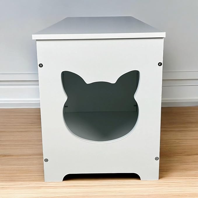 White Cat House with Hideaway Litter Box, Dog Proof Litter Boxes, Cabinet for Large Cats, Hidden Litter Box Cover, Cat Washroom, Enclosure Furniture.