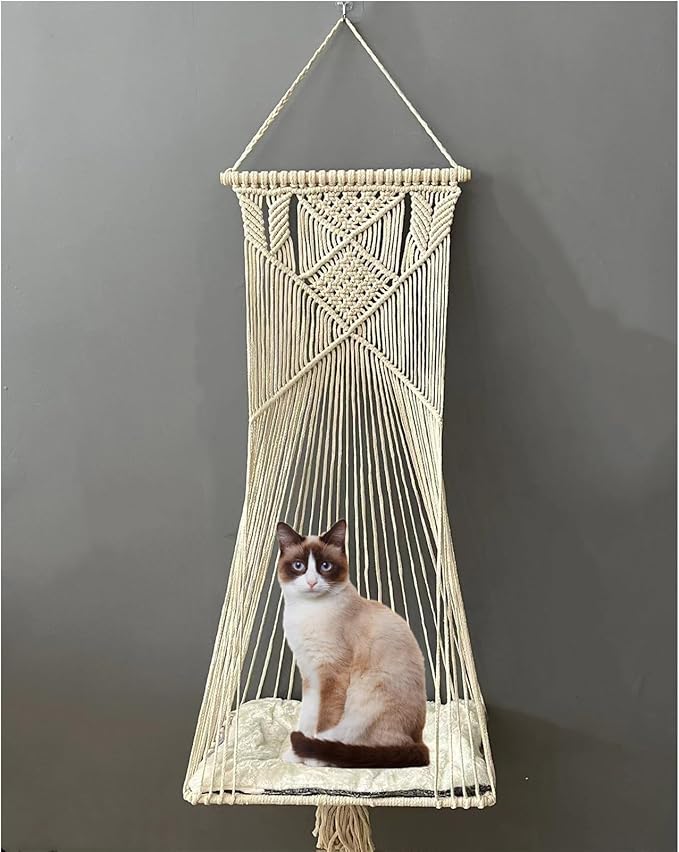 Macrame Hanging Cat Hammock Cat Swing Bed for Indoor Cats, Boho Cats Perch Bed for Sleeping, Playing, Climbing, and Lounging (Beige)