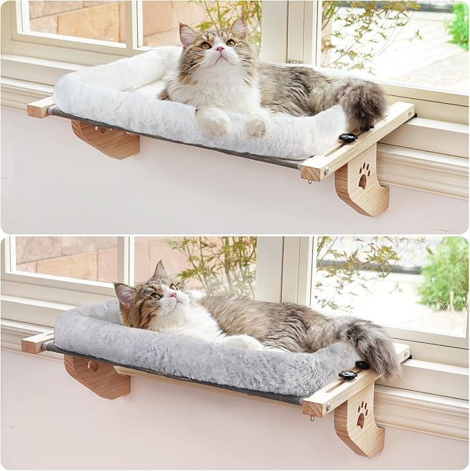 AMOSIJOY Cat Sill Window Perch Sturdy Hammock Seat with Cushion Bed Cover, Wood & Metal Frame for Large Cats, Easy to Adjust Windowsill, Bedside, Drawer and Cabinet(Cushion Bed)