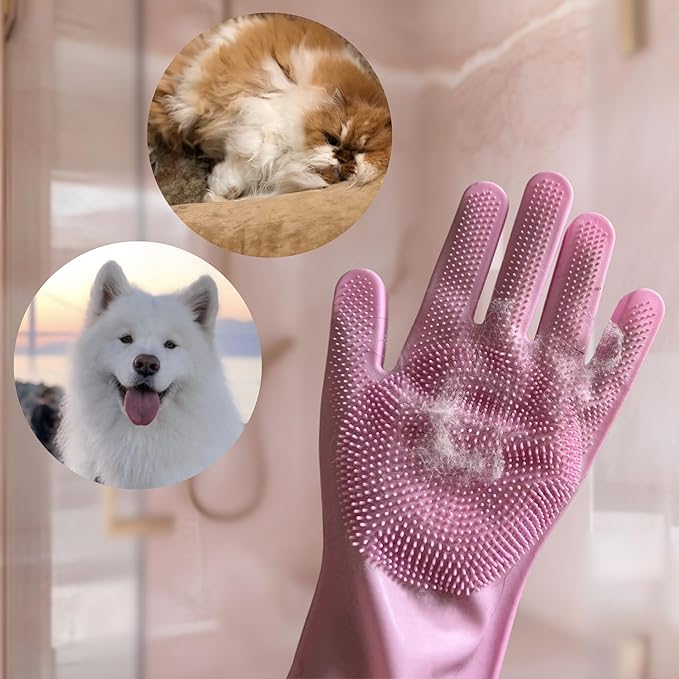 Extra Thick Grooming Gloves for Cats & Dogs - Pet Hair Removal Glove, Silicone Brush for Dog or Cat Washing, Puppy Bath Supplies for Shedding Cleaning & Bathing, Shower Shampoo Scrub