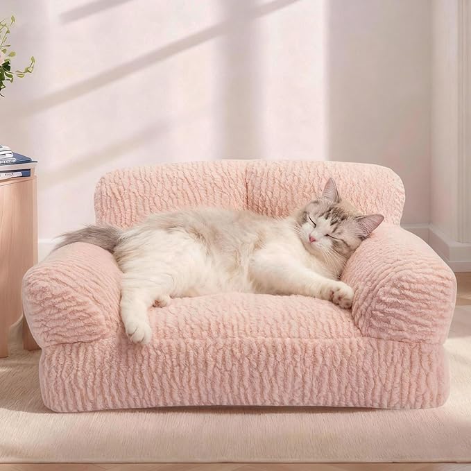 KHONSU PET Pink Cat Couch Sofa Bed - Fluffy Orthopedic Pet Lounge for Indoor Cats, Removable Washable Cover, Supportive Kitten Couch, 24 inch