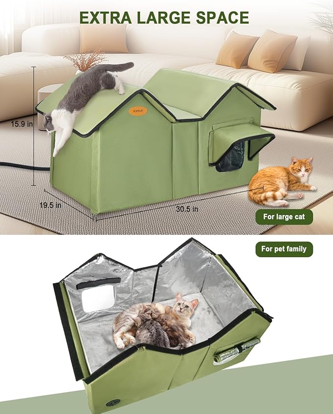 Heated Cat House for Outside Cats in Winter, Extra Large Heated Outdoor Cat House Weatherproof Insulated with Elevated Base & Escape Door, Waterproof Cat Shelter for Multiple Cats Feral Stray Kitty
