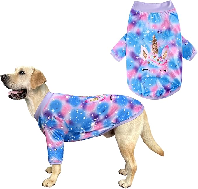 Dog Blue Purple Tiedye T Shirts Shining Unicorn Pattern Printed Pet Shirt Softable Pajamas for Large Dogs (L, Blue)