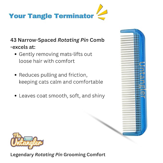 Cat Comb - 5" with ultra fine silky smooth rotating teeth for gentle mat clearing; 7" with dual-spaced teeth, SkyBlue
