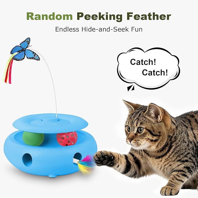 Interactive Cat Toy for Indoor Cats, 3-in-1 Automatic Kitten Toys with Fluttering Butterfly, Ambush Feather and Track Balls, USB Rechargeable Electric Cat Enrichment & Exercise Toy