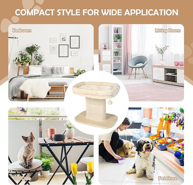 PETSITE 19.5-inch Small Cat Tree, 2-Tier Minimalist Cat Tree with Sisal Scratching Post, Extra Large Comfy Top Perch, and Dangling Ball, Ideal for Indoor Cats, Supports up to 44 lbs, Beige
