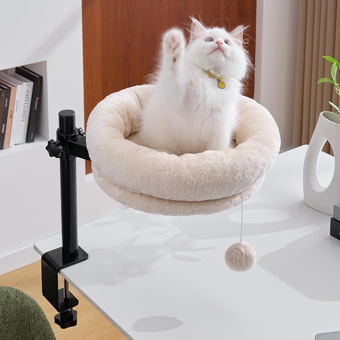 BYBYME Cat Desk Bed for Indoor Cats, Kitty Bed for Desk Supports 44 lbs, 360° Rotation & Adjustable, Soft Cat Nest Desktop with Hanging Ball for Office Desks Home Tables, 12" in Diameter（White）