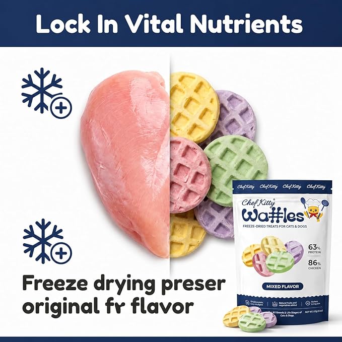 Waffle Freeze Dried Chicken Cat Treats | Healthy Kitten Treats Inspected in USA | Human Grade Dog & Cat Food Toppers | Without Additives, 4 Flavors, 4.0 oz
