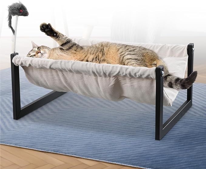 Elevated Cat Bed for Indoor Cats - Machine Washable, 360° Surround Sight, Rust-Resistant Frame with Toy - Effortless Setup, Comfort Mattresses (Thick)