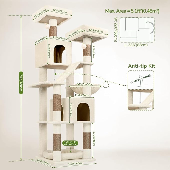 Globlazer 74in Heavy Duty Cat Tree for Large Indoor Cats, Multi-Level Cat Tower with Scratching Post, Cat Condos with Climbing Ladder, Hammock, Extra Large Top Perches, Pet Bed, F74D, Beige
