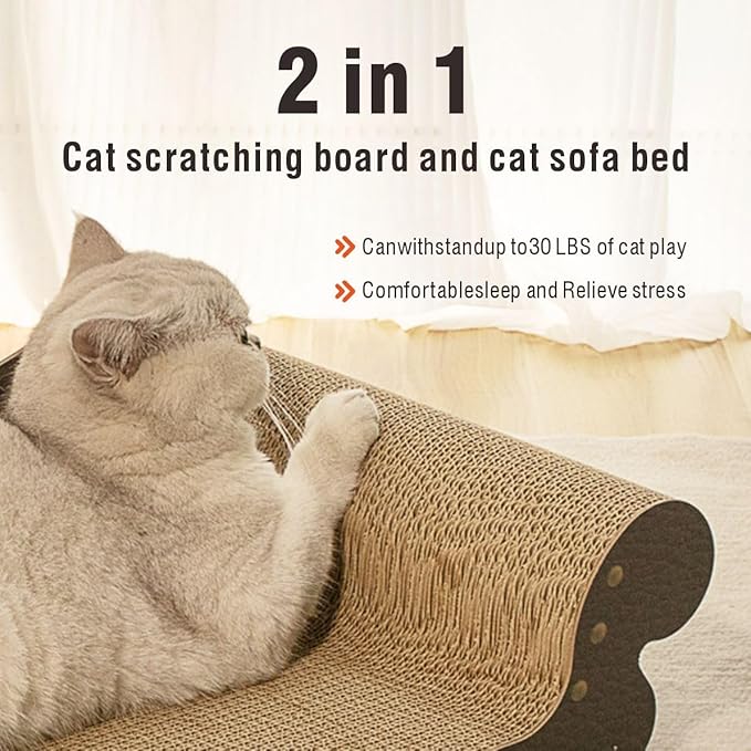 Extra Large Cat Scratcher Bed, 26.5" Sofa Shaped Cardboard Scratch Pad & Couch, Durable Cat Lounger, Furniture Protector for Large Cats & Multi-Cat Households (Wood Color)