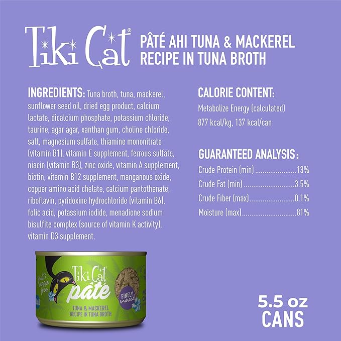 Tiki Cat Luau Pate, Ahi Tuna & Mackerel Recipe in Tuna Consumme, Grain-Free Balanced Nutrition Wet Canned Cat Food, for All Life Stages, 5.5 oz. Can (8 Count)