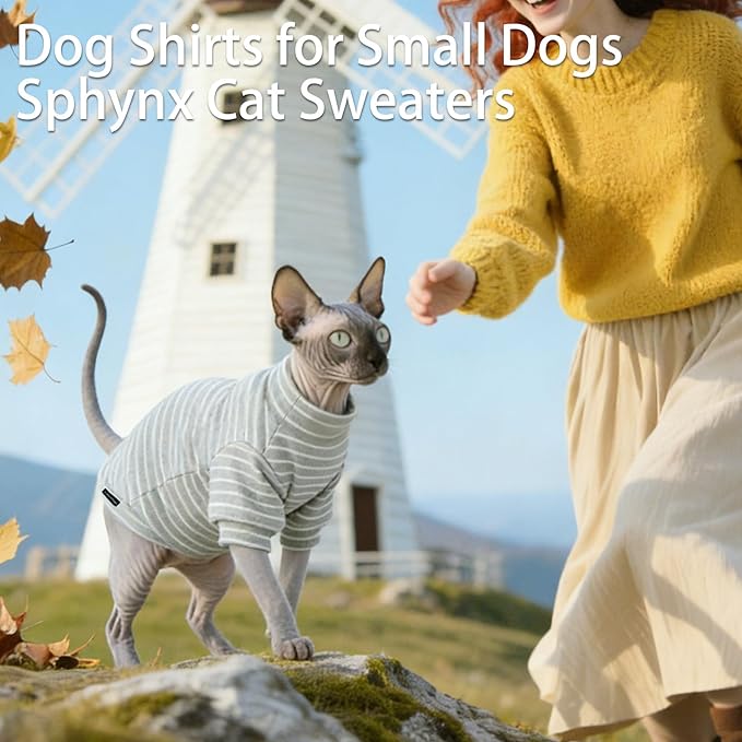 Sphynx Cat Sweater Plaid Hairless Cat Clothes Sweater Fleece Soft Warm Long Sleeves Pullover Pet Clothes Pajamas Dog Cloth for Small Dogs Jumpsuit Pet Sweaters (G-Striped, Small)