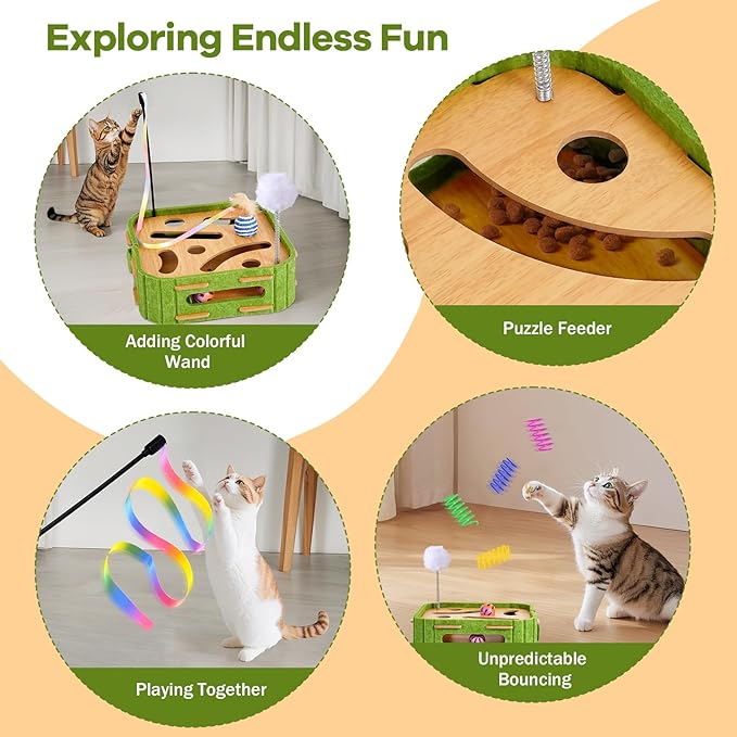 Cat Puzzle Box Toy for Indoor Cats Boredom Relief Interactive Wooden Cat Enrichment Maze with Jingle Balls, Feather Wands & Spiral Springs, Slow Feeder Treat Dispenser for Kittens & Adult Cats