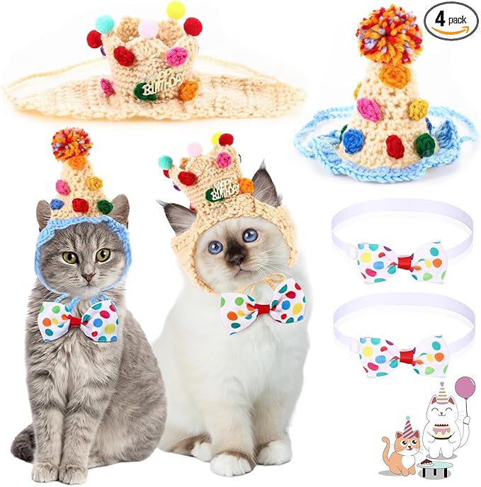 Ganeen 4 Pack Cat Birthday Hat Crochet Happy Birthday Cat Party Outfit Small Animal Top Hats Headband Rabbit Bow Tie Pet Hat Headband Bowtie Collar Costume for Rabbits Kittens Pet Party