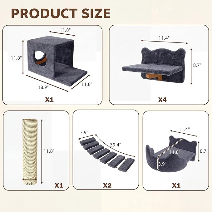 Cat Wall Shelves, Wall Mounted Cat Shelf Furniture with Plush Fabric (9 Piece Set), Cats Furniture with Condos, House, Steps, Bridge Ladder, Scratching Post, Grey