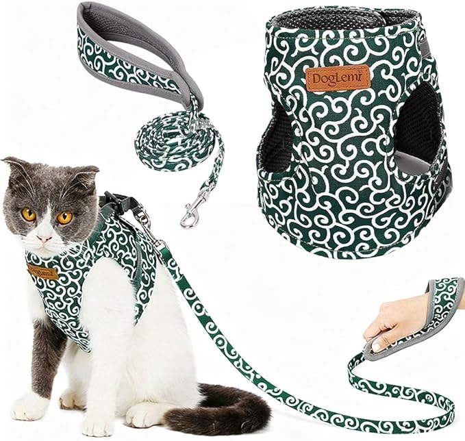 Cat Dogs Vest Harness and Leash Escape Proof, Soft Breathable Mesh and Comfortable Cat Harness and Leash Set, Anti Break Away Chest Strap Kitty Clothes for Travel Walking (Green, XL)