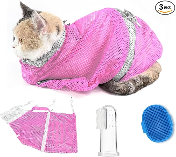 Adjustable Multifunctional Anti-Bite Shower Net, Cat Grooming Mesh Bag, Cat Bath Brush and Pet Finger Toothbrush (B-Pink)