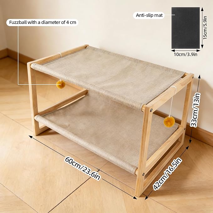 2 Layer Cat Hammock Bed, Pine Wood Bunk Bed for Cats with Removable Washable Cover, 45 lbs/Tier Capacity, Elevated Pet Bed Includes Tools & Toys (23.6" x 16.5" x 13")