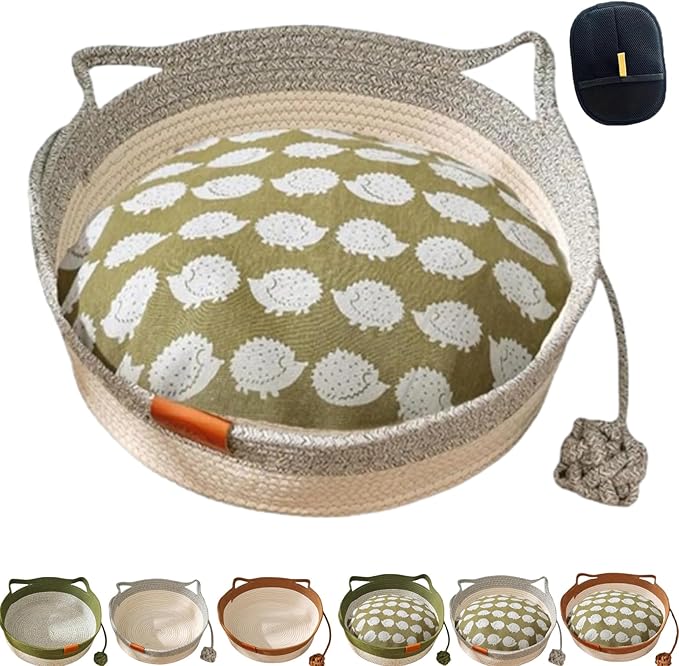 Cotton Rope Woven Cat Basket, Pets Hand Woven Cotton Bed Basket, Round Cat Sleeping Nest with Built-in Scratching Pad and Play Ball for Cats and Dogs All-Season (Gray-B, Large)