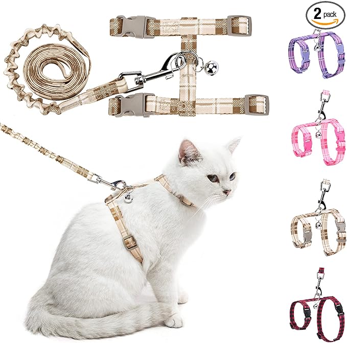 BEAUTYZOO Cat Harness and Leash Set Escape Proof for Walking, Kitten Soft Adjustable Vest Harnesses for Small Medium Large Cats, Easy Control Breathable Plaid Ribbon Nylon for Outdoor Indoor Use