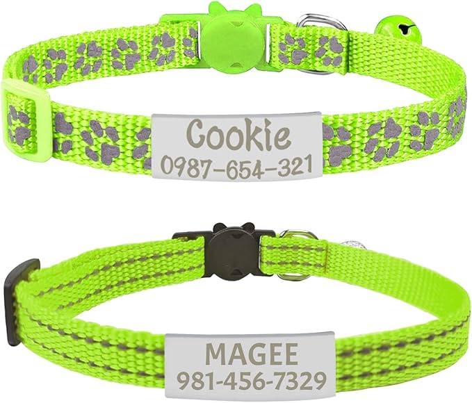 CAMAL 2 Pack Reflective Cat Collar Personalized, Custom Breakaway Cat Collar with Stainless Steel Pet ID Tag, Adjustable Cat Collars with Name and Phone Number for Cat Kitten Puppy