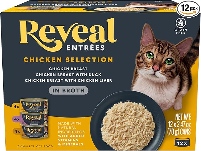 Reveal Entrées Natural Wet Cat Food, Grain-Free with Added Vitamins & Minerals, Carrageenan-Free and High Protein, Chicken Variety Selection in Broth (12 x 2.47 oz cans)