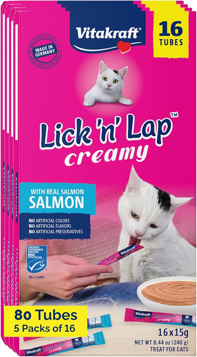 Vitakraft Lick 'N' Lap Real Salmon Squeezeable Liquid Cat Treats, Lickable, Salmon Broth #1 Ingredient, No Artificial Colors, Preservatives or Added Sugar, for Hydration, 0.52 oz. Tubes, 80 Count