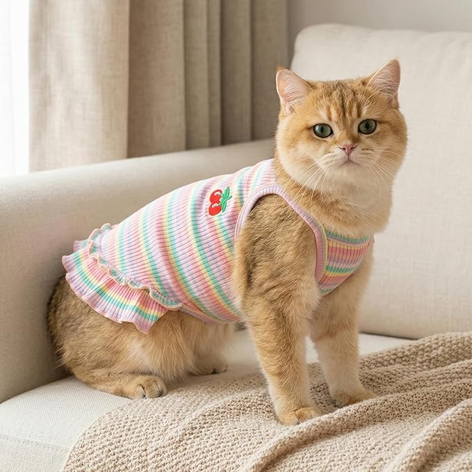 Jmkcoz Cute Striped Dog T Shirts Cherry Puppy Dress Soft Cotton Pet Sleeveless Vest Clothes Spring Summer Pet Outfits for Small Dogs Cats Girl (Pink, X-Large)