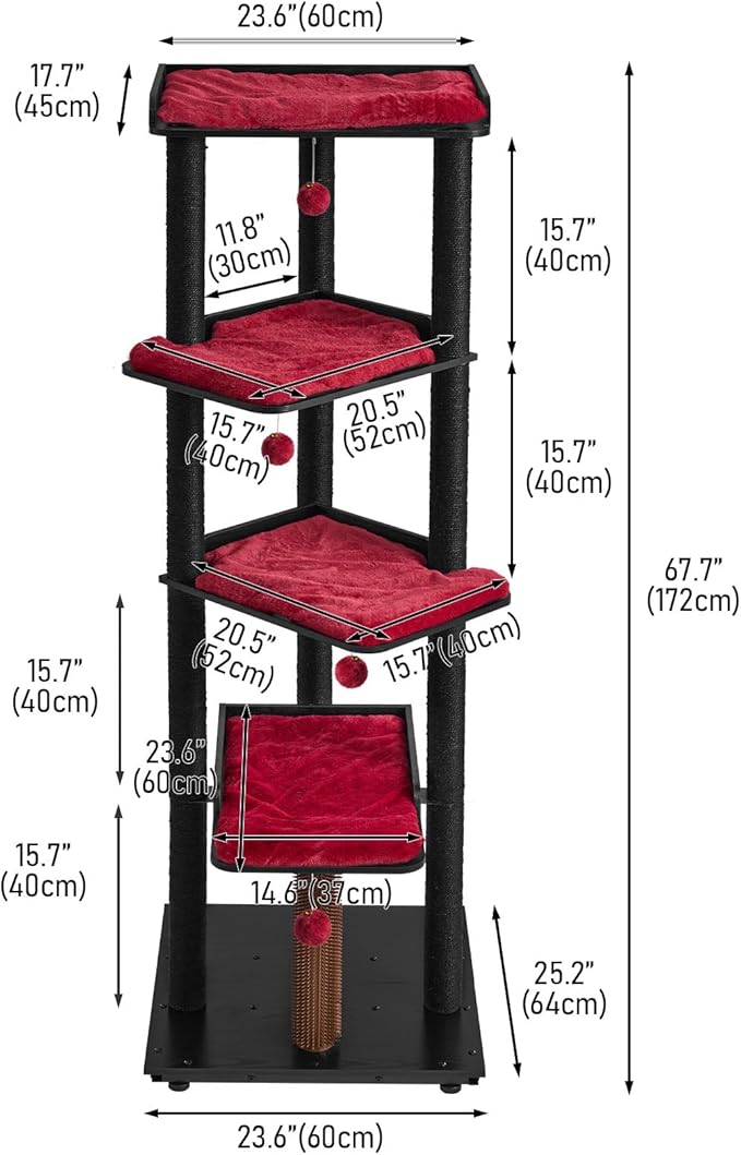 FourFurPets Heavy Duty Cat Tree, 67.7" Cat Tree for Indoor Cats Large Adult, Modern Cat Tower for Large Cats, Cat Tower with Scratching Post, Large Perch and Removable Pads,Black & Red