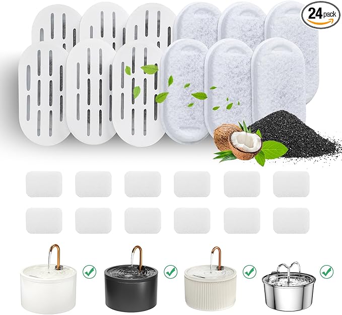 DOOOB Cat Water Fountain Filter, 24 Pack Cat Fountain Filters, Cat Fountain Replacement Filters for DOOOB Cat Water Fountain, Pet Water Fountain Filters (12 Filters & 12 Sponges)