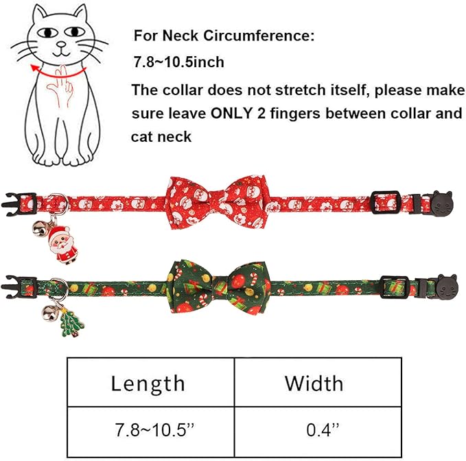 PTDECOR Christmas Cat Collars with Bow Tie Bell, 2 Pack Breakaway Kitten Collar with Removable Bowtie, Santa Box Collar for Cats Kittens