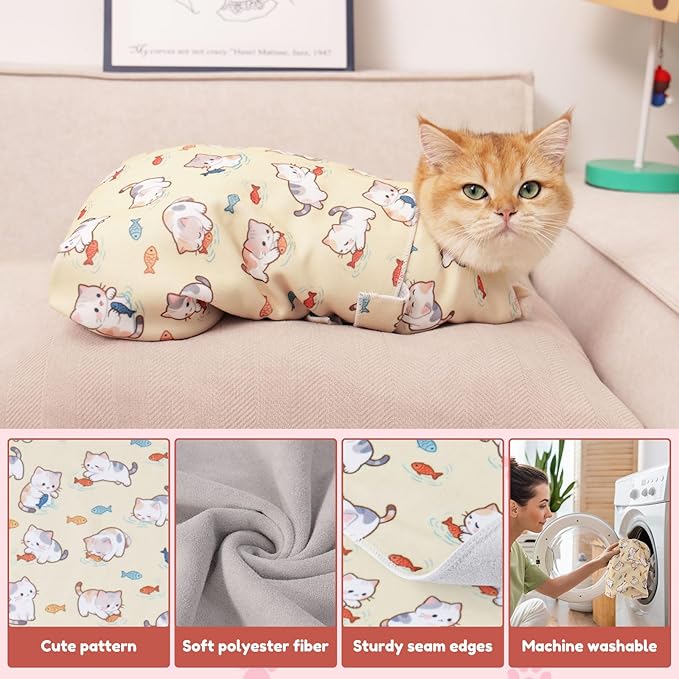 29.5" Cat Grooming Wrap,cat wrap for Cutting Nails,Self-Adhesive cat Swaddle wrap cat Restraint cat wrap Blanket for Medicine, Nail Clipping, Teeth Brushing,Yellow Kitten(Within 16lbs)