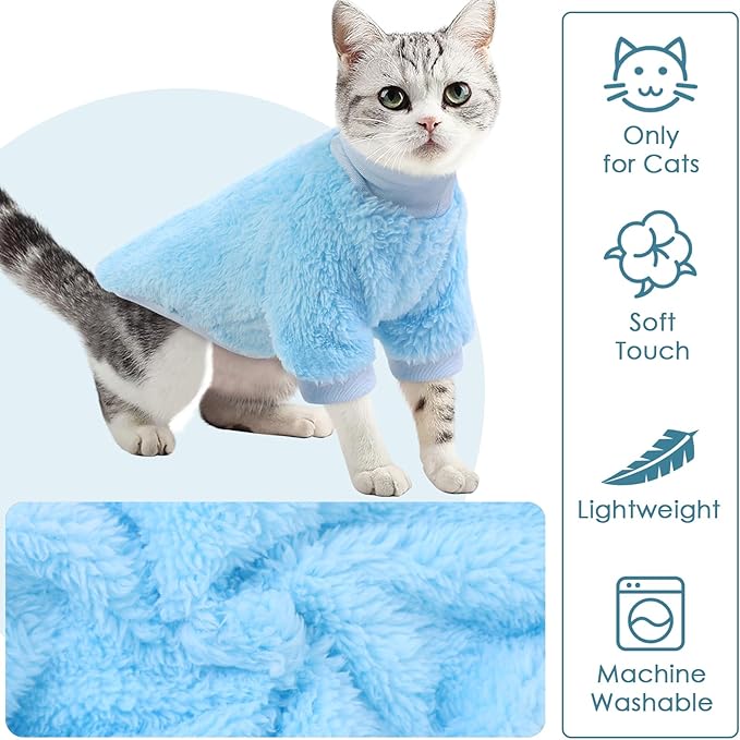 Sphynx Cat Sweater, Hairless Cats Turtleneck Pullover Kitten Sweaters for Cats Only, Warm and Soft Cat Pajamas Shirt with Sleeves Pet Winter Clothes Fleece Jumpsuit for Puppy, Blue L
