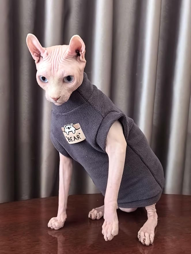 Sphynx Cat Clothes Hairless Cat Warm Fleece Vest Elastic Winter Sweater Outfit, Pet Clothes for Sphynx Cat Coat for Cats and Small Dogs Apparel, Hairless cat Shirts Sweaters (Blue Grey, Small)
