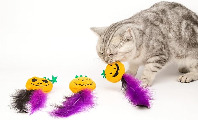 Pumpkin-Shaped Cat Toys 4-Pack with Feathers