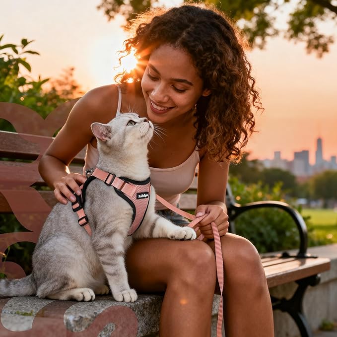 rabbitgoo Cat Harness and Leash for Walking, Escape Proof Soft Adjustable Vest Harnesses for Cats, Easy Control Breathable Reflective Strips Jacket, Light Salmon Pink, S