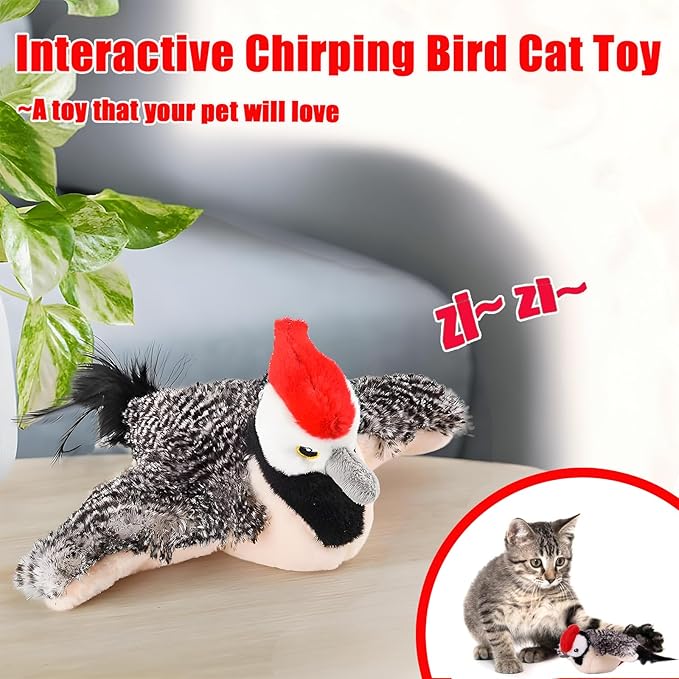 Dumwick 2026 Upgrade Interactive Chirping Bird Cat Toy,Flapping Wingss with Realistic Sounds,Simulated Chirping Bird Cat Toy for Indoor Play and Exercise (Woodpecker 1pcs)