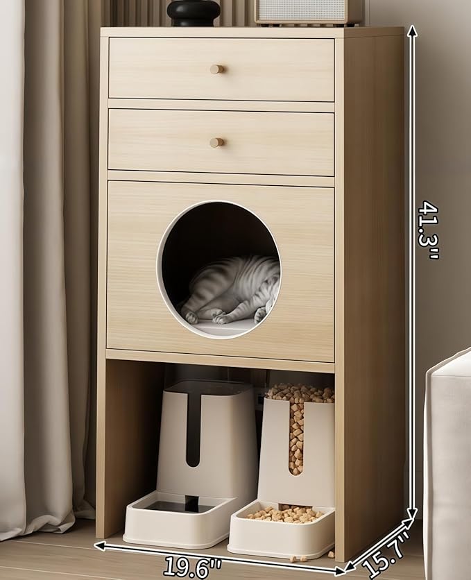 Multi-Function Cat House Furniture, Solid Wood Cat Condo with Storage Drawer, Pet Bed & Feeding Area, Compact Cat Cabinet (Natural,19.6" L*15.7" W*41.3" H)