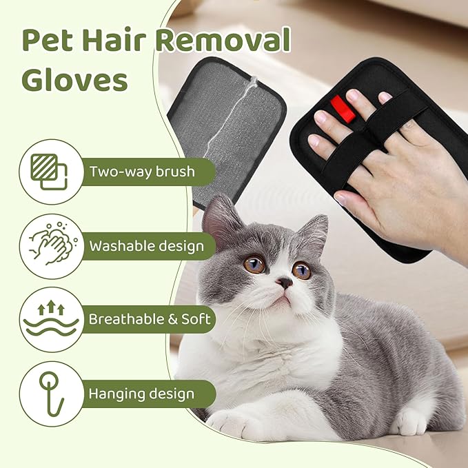 VINGVO Double Sided Pet Grooming Gloves for Cats and Dogs, Pet Hair Removal Gloves for Carpet Couch Clothing Furniture, Washable Reusable Cat Grooming Tool with Soft Velvet Mesh Fabric