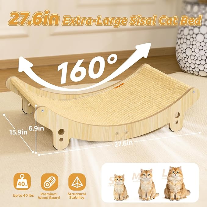 Sisal Cat Scratcher Bed - 27.6 inch Cat Scratchers for Indoor Cats Hammock for Scratching Pad Natural Sisal Cat Scratch Post Durable for Large Cats Scratcher Lounge, Wooden Cat Furniture(Large)