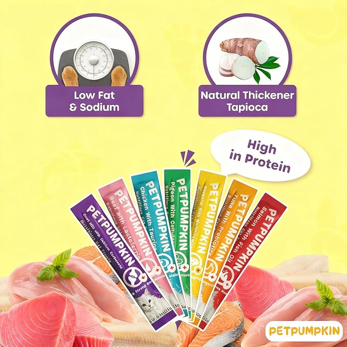 Gum-Free & Grain-Free Cat Treats, 7 Flavors Variety Box (56 Tubes), All-Natural Lickable Pure Meat Cream, No Attractants, Enriched with Multivitamins, Taurine for Hydration & Nutrition