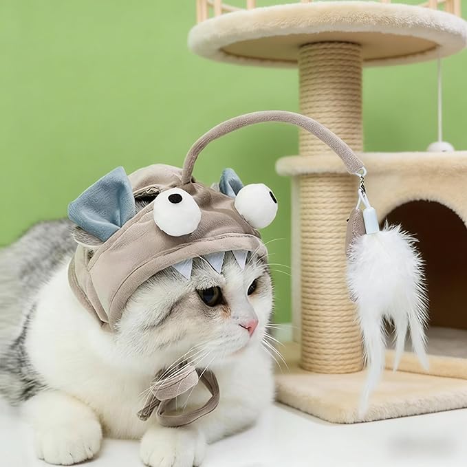 Cat Hat Toy Feather Wand Teaser Cat Toys (Grey)